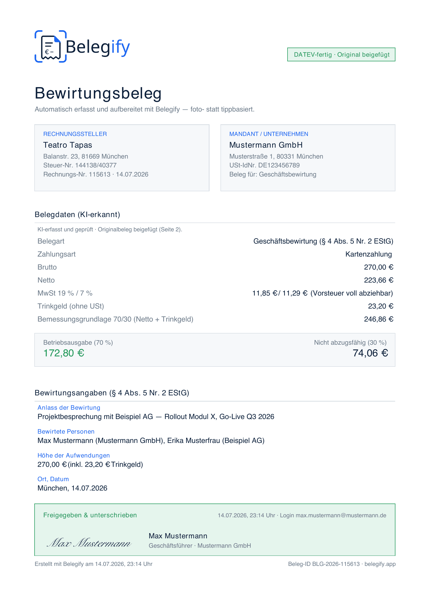 Fertiger Belegify-Bewirtungsbeleg mit 70/30-Split und Unterschrift