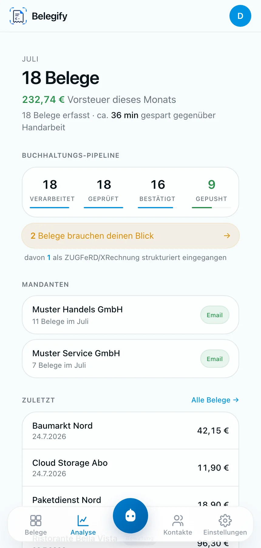 Buchhaltungs-Pipeline in Belegify: verarbeitete, geprüfte und an die Buchhaltung gepushte Belege mit Belegmail pro Mandant