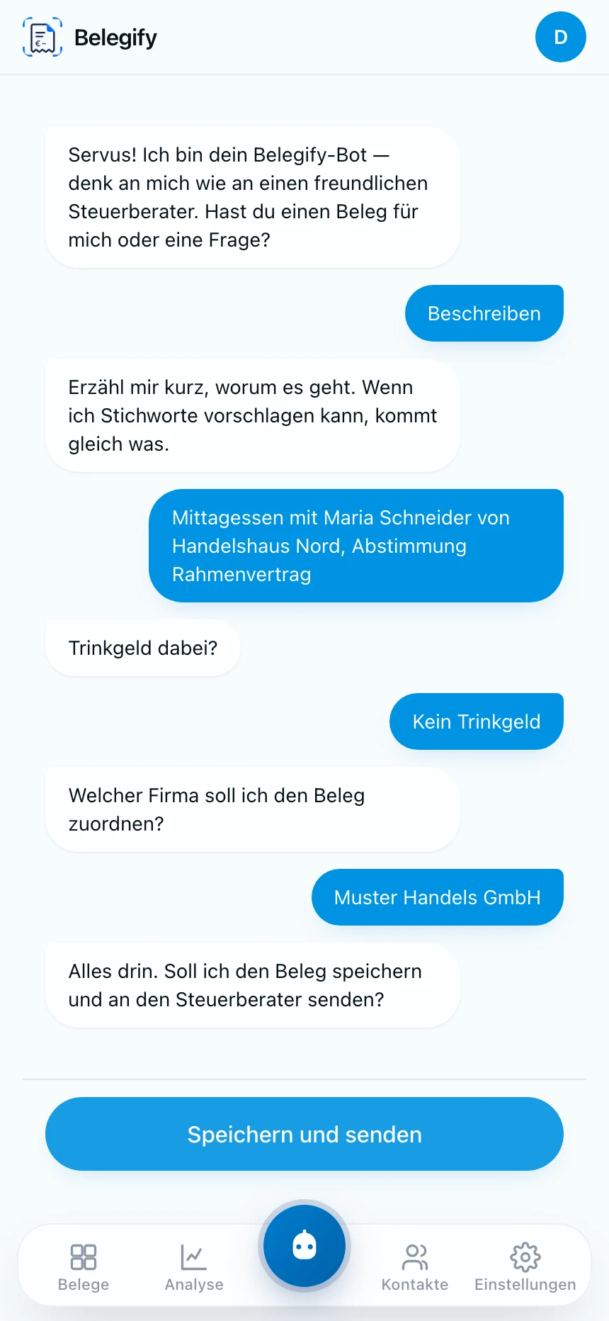 Belegify-Bot im Dialog: Beleg beschreiben, Trinkgeld und Mandant abfragen, speichern
